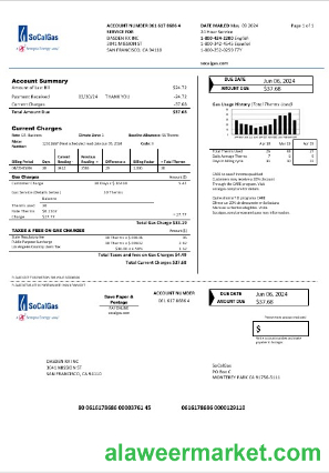 USA California SoCal Gas business utility bill template in Word and PDF formats